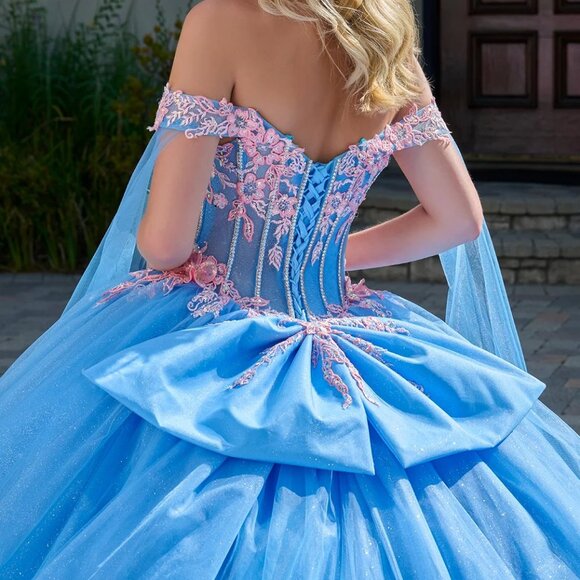 New Layered Bahama Blue Off The Shoulder Quinceanera Gown w/ Lace up Back GL3708 - Picture 10 of 13